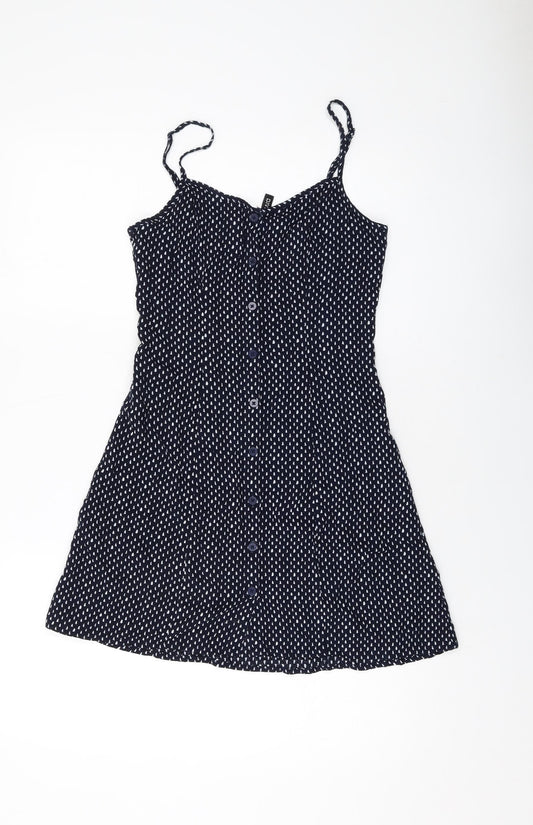 H&M Womens Blue Geometric Viscose Mini Size 8 Round Neck Button