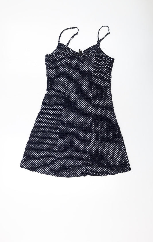 H&M Womens Blue Geometric Viscose Mini Size 8 Round Neck Button