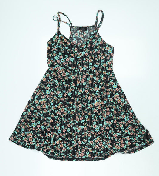 Topshop Womens Black Floral Polyester A-Line Size 10 Scoop Neck Button