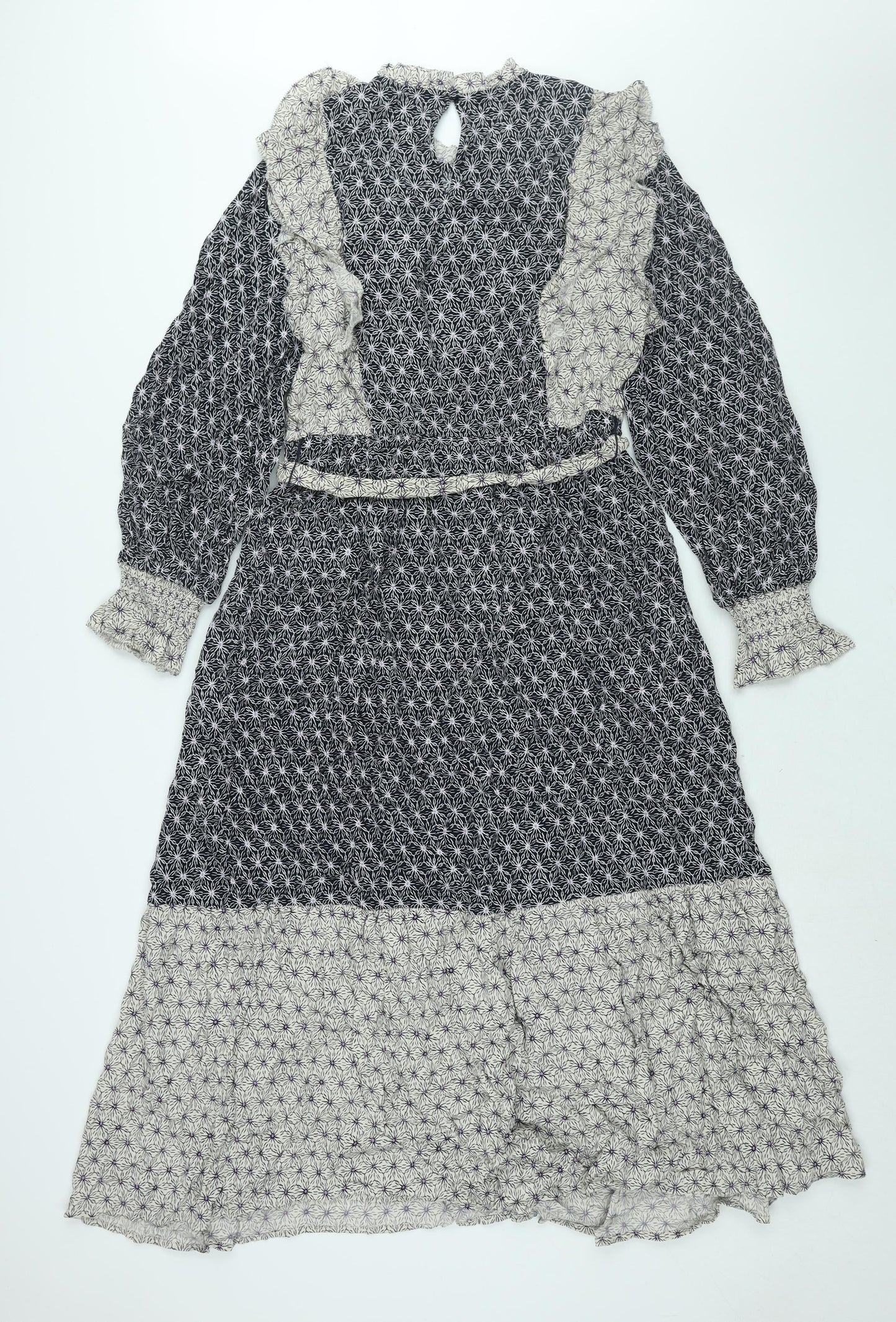 Marks and Spencer Womens Black Geometric Viscose Shift Size 12 Mock Neck Button - Frill Belted