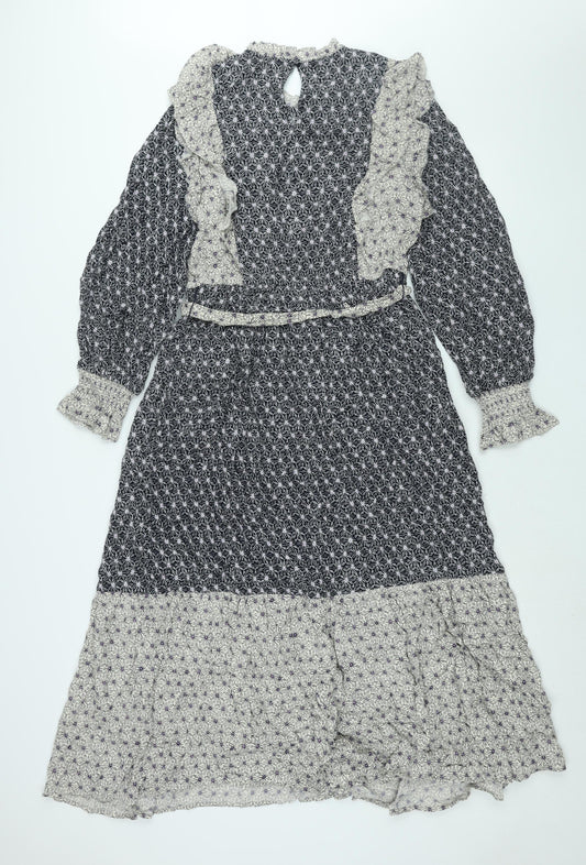 Marks and Spencer Womens Black Geometric Viscose Shift Size 12 Mock Neck Button - Frill Belted