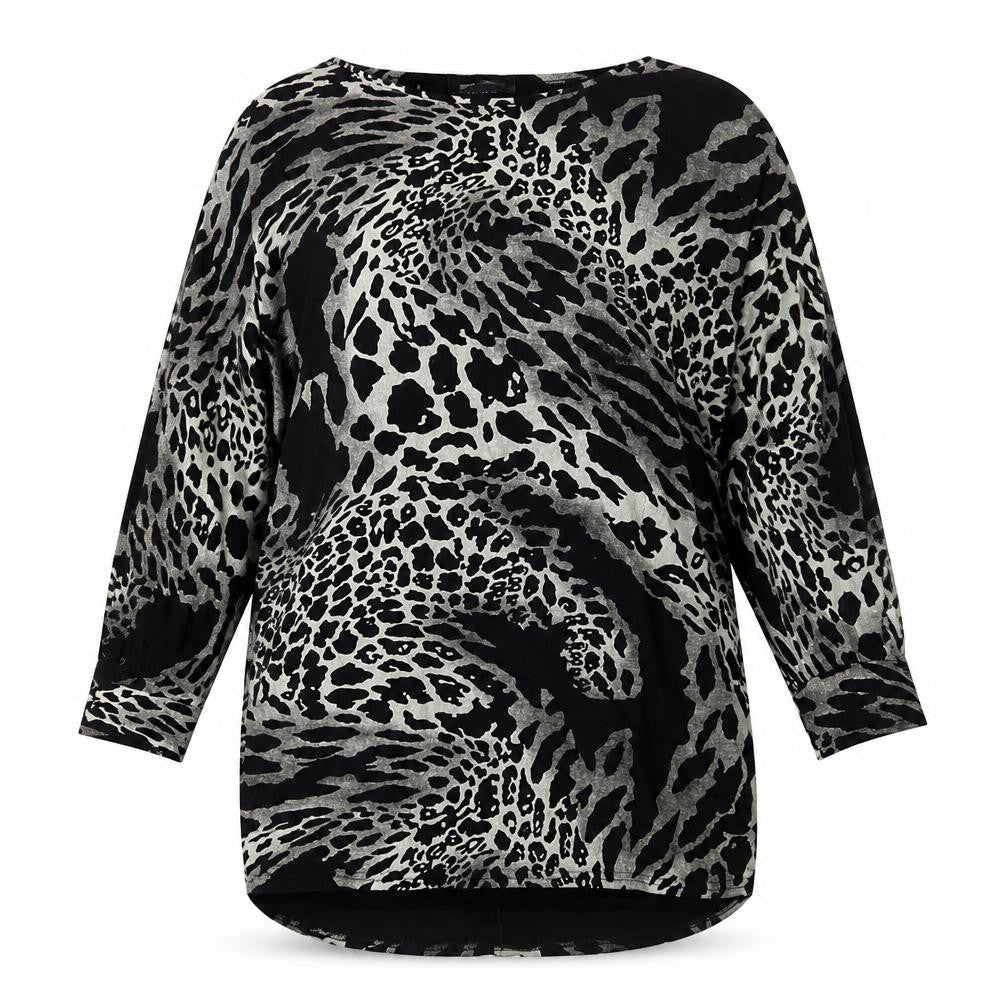QED London Womens Black Animal Print Viscose Tunic Blouse Size S Round Neck - Leopard Print