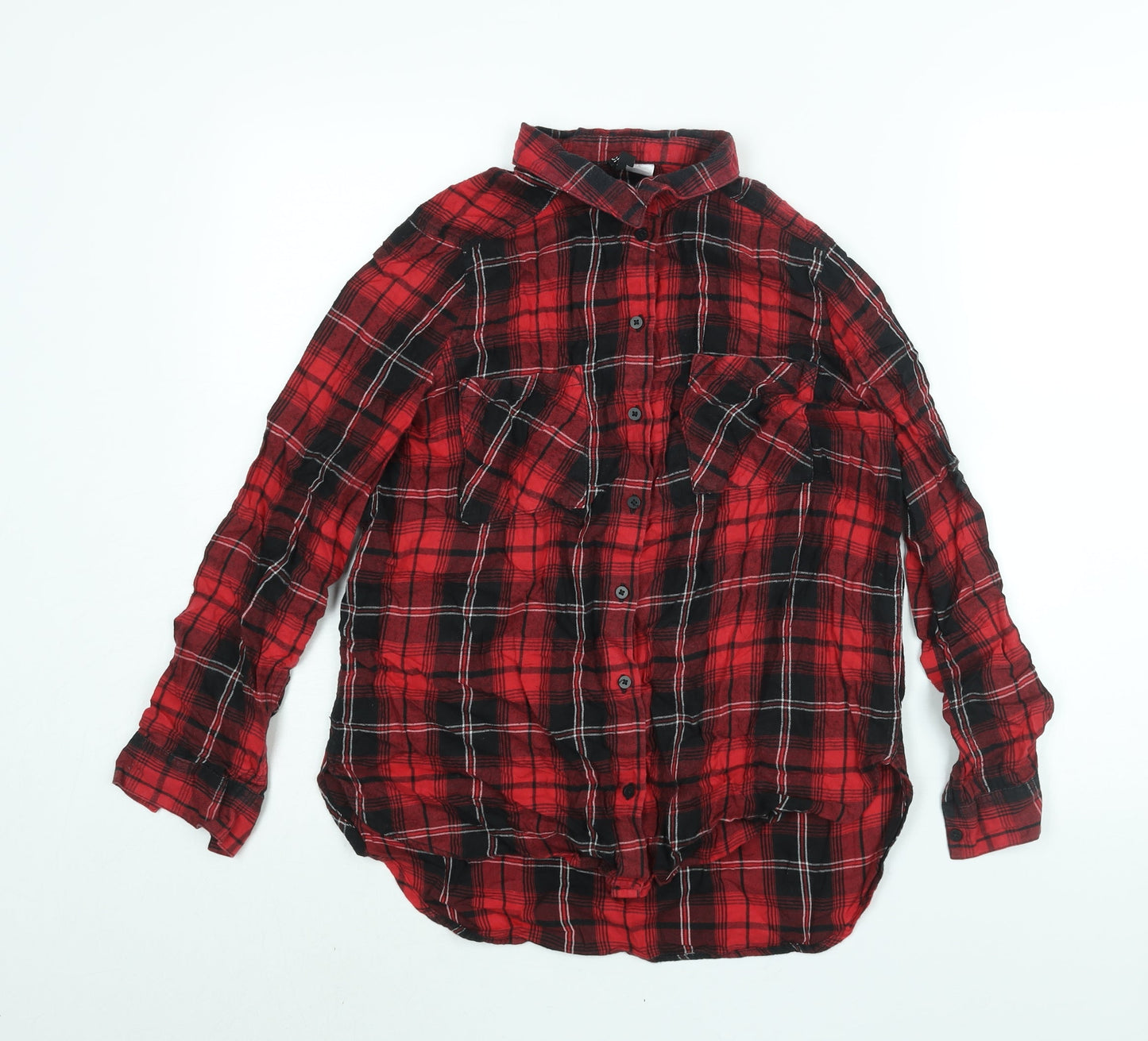 Divided by H&M Womens Red Check Cotton Basic Button-Up Size 10 Collared