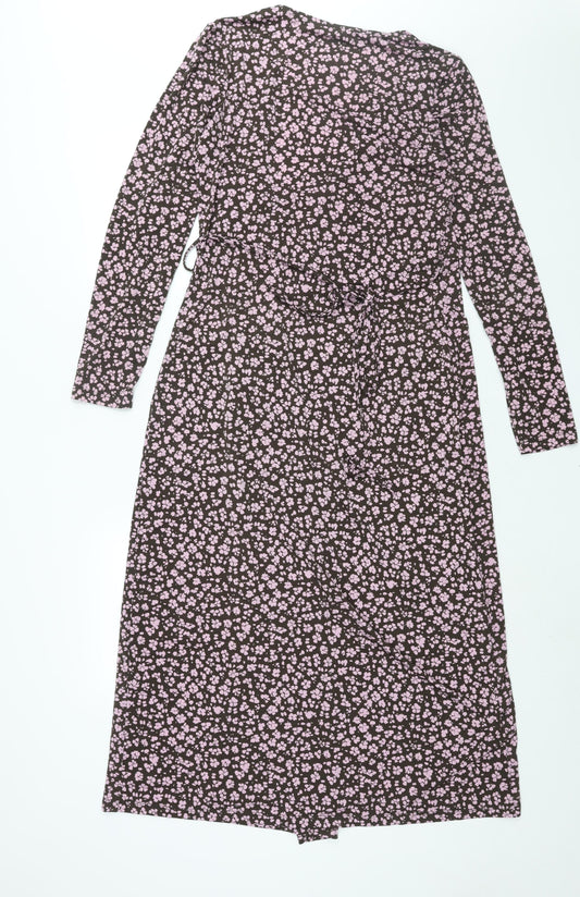 Mango Womens Pink Floral Polyester Wrap Dress Size M V-Neck Tie