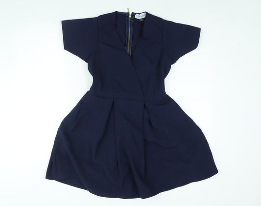 Closet Womens Blue Polyester A-Line Size 8 V-Neck Zip - Pleated