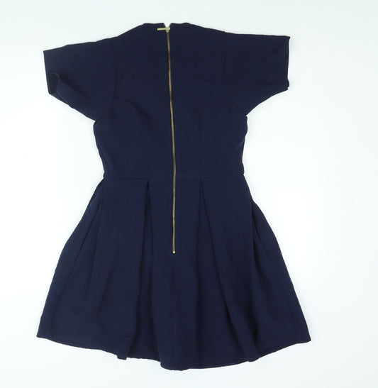 Closet Womens Blue Polyester A-Line Size 8 V-Neck Zip - Pleated