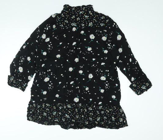Marks and Spencer Womens Black Floral Viscose Shirt Dress Size 14 Mock Neck Button