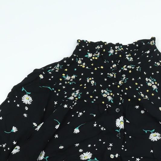 Marks and Spencer Womens Black Floral Viscose Shirt Dress Size 14 Mock Neck Button
