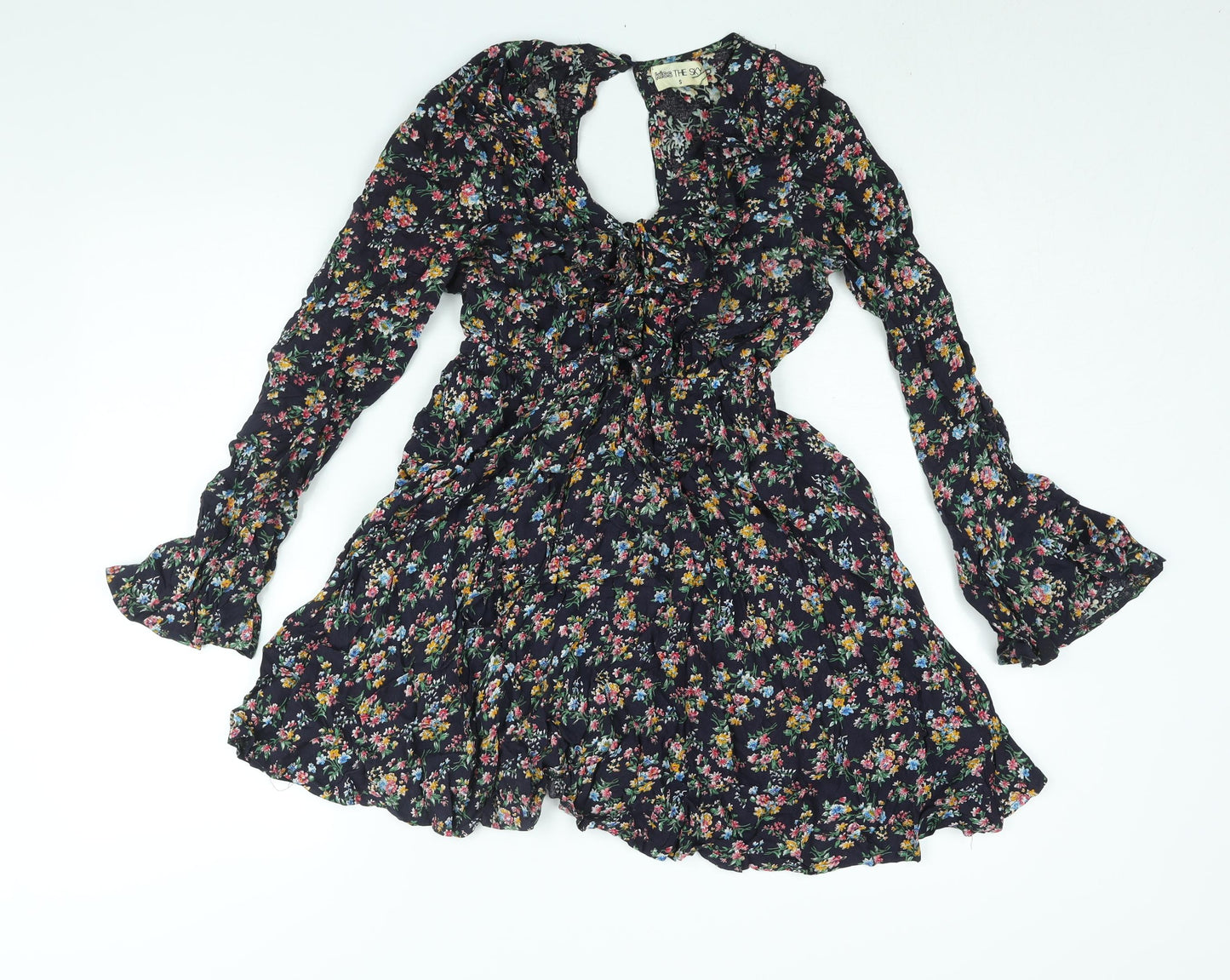 Kiss the Sky Womens Black Floral Viscose A-Line Size S V-Neck Button - Frill