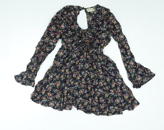 Kiss the Sky Womens Black Floral Viscose A-Line Size S V-Neck Button - Frill