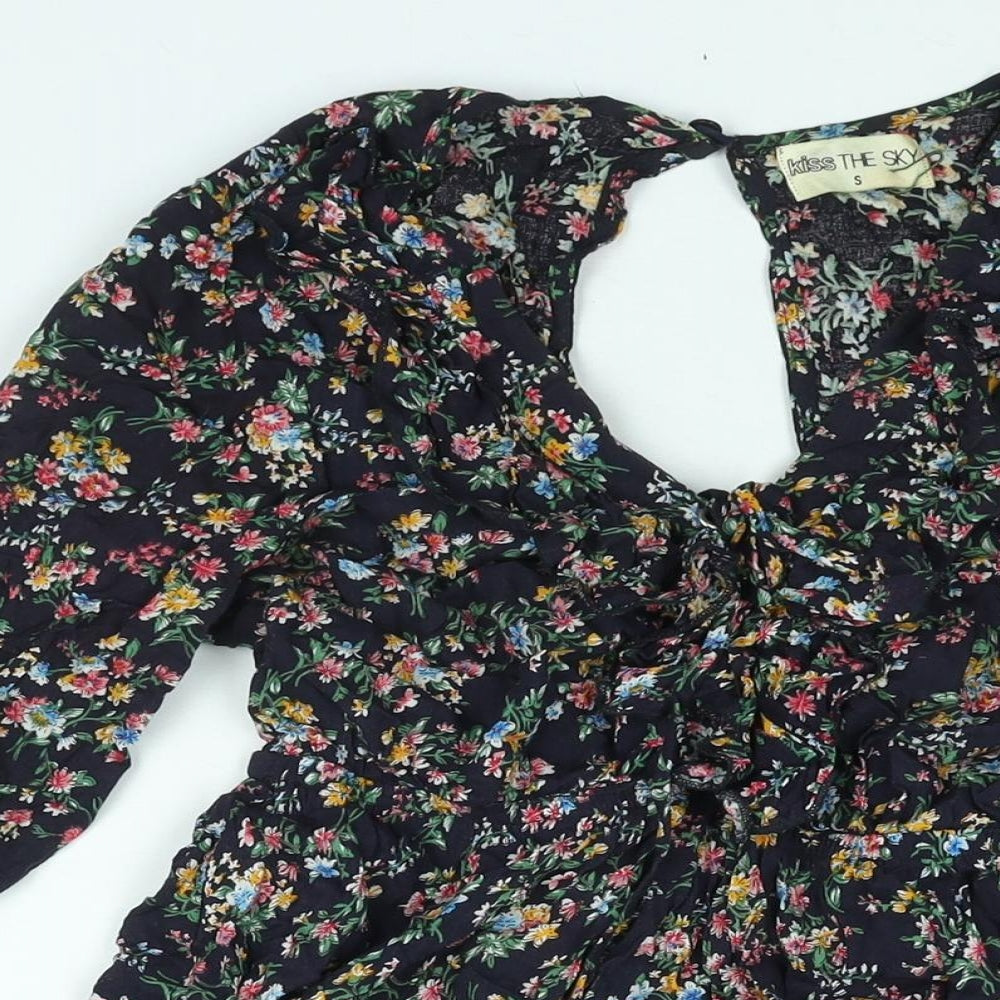 Kiss the Sky Womens Black Floral Viscose A-Line Size S V-Neck Button - Frill