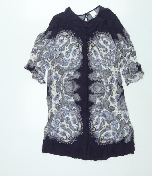 H&M Womens Purple Paisley Viscose Shift Size 12 Round Neck Button