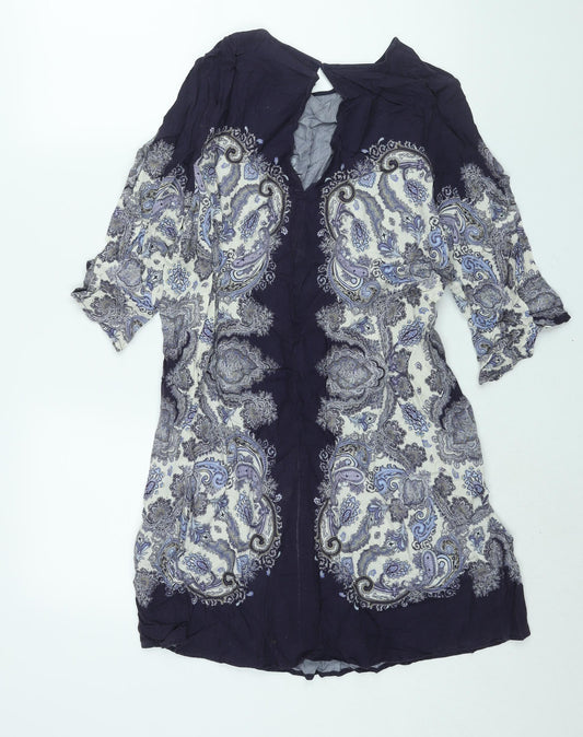 H&M Womens Purple Paisley Viscose Shift Size 12 Round Neck Button