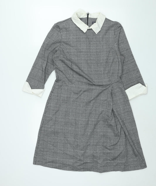 Marks and Spencer Womens Grey Check Polyester Shift Size 12 Collared Zip
