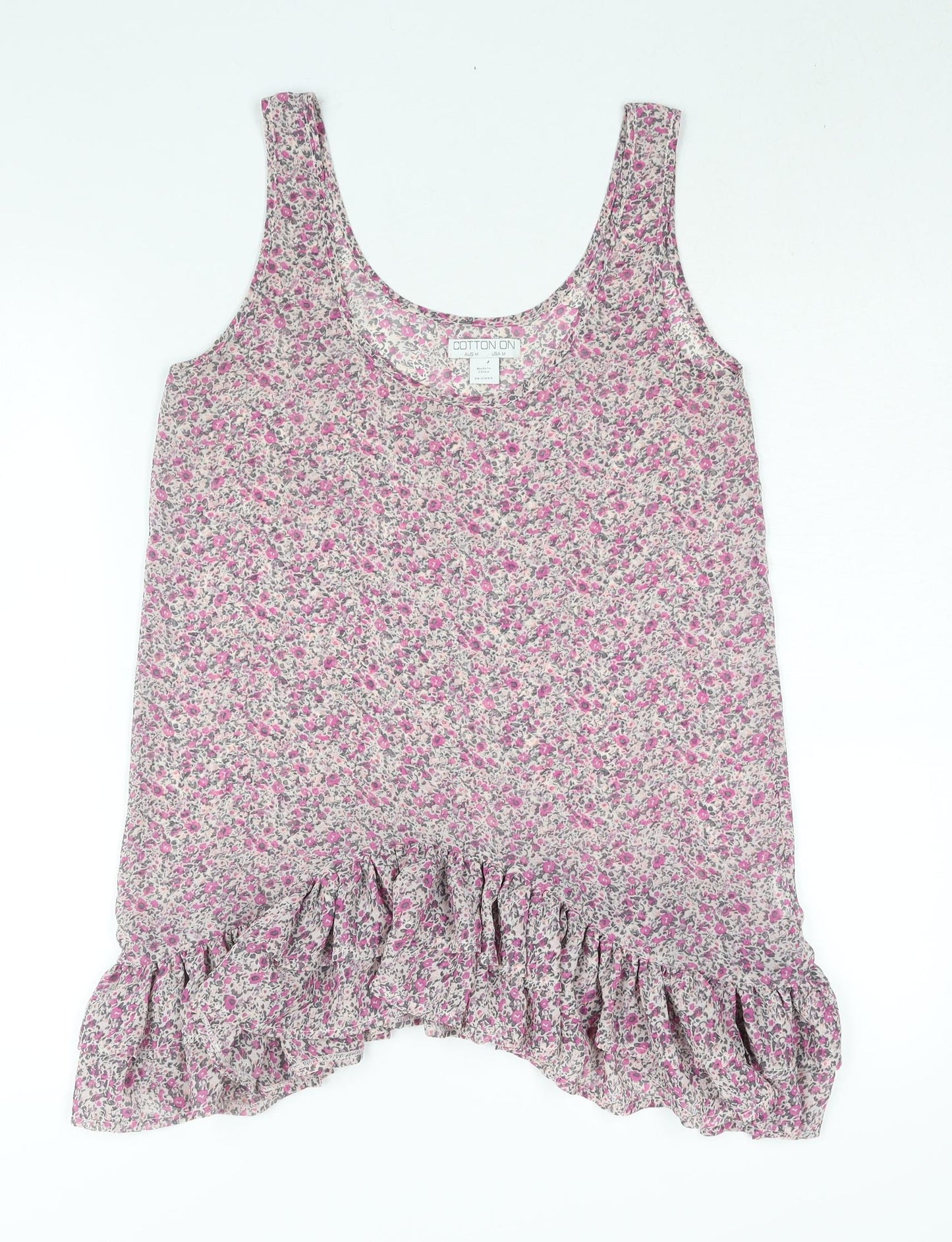 Cotton On Womens Pink Floral Polyester Camisole Blouse Size M Scoop Neck - Frill Semi Sheer