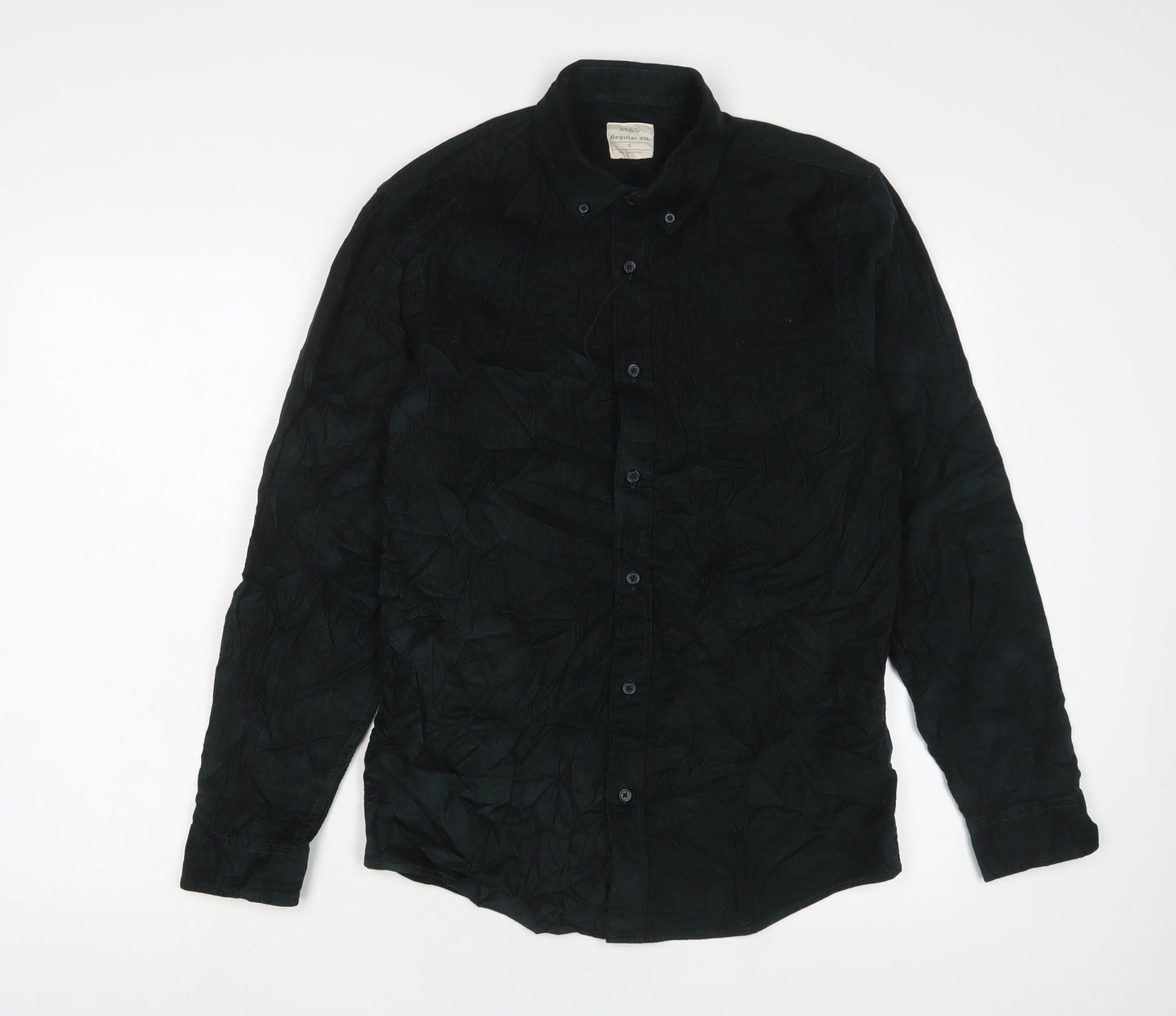 Marks and Spencer Mens Green Cotton Button-Up Size S Collared Button