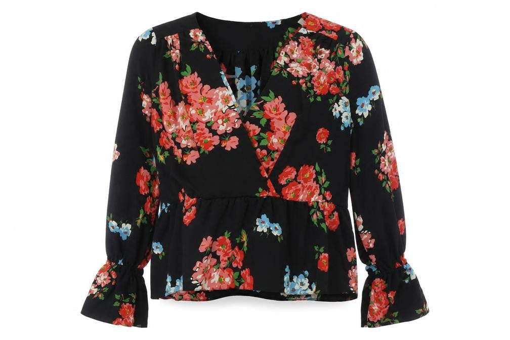 Front view of ASOS women’s multicoloured floral polyester basic button-up, size UK 12, v-neck