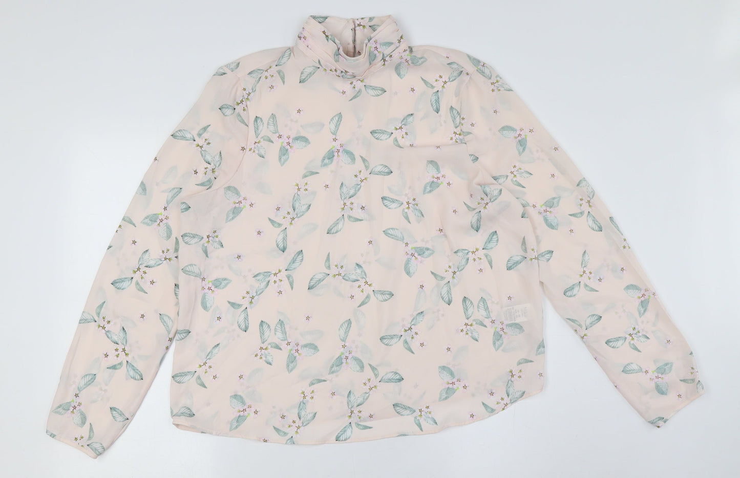 Marks and Spencer Womens Pink Floral Polyester Basic Button-Up Size 16 Mock Neck