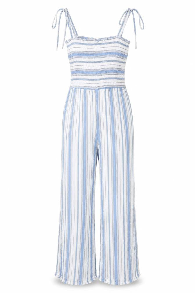 New Look Womens Blue Striped Viscose Jumpsuit One-Piece Size 8 L27 in - Smocked Top