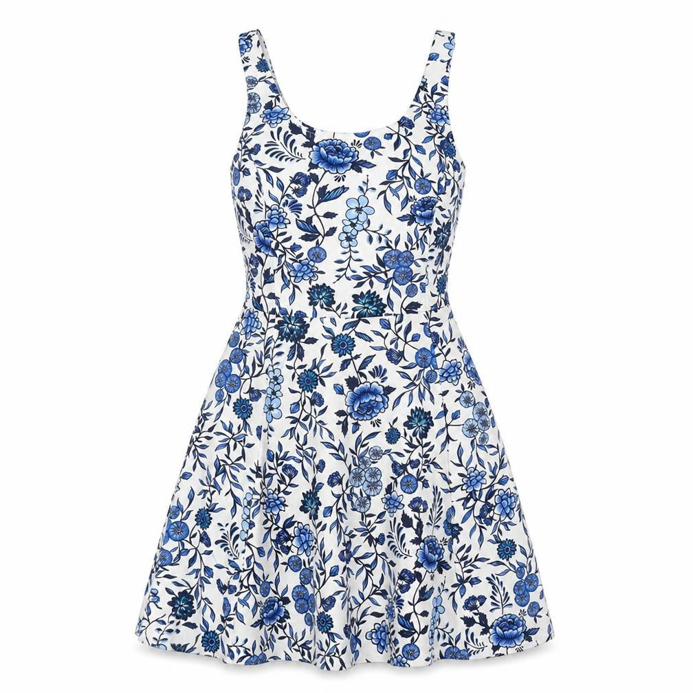 Divided by H&M Womens White Floral Polyester A-Line Size 6 Scoop Neck - Blue Flowers
