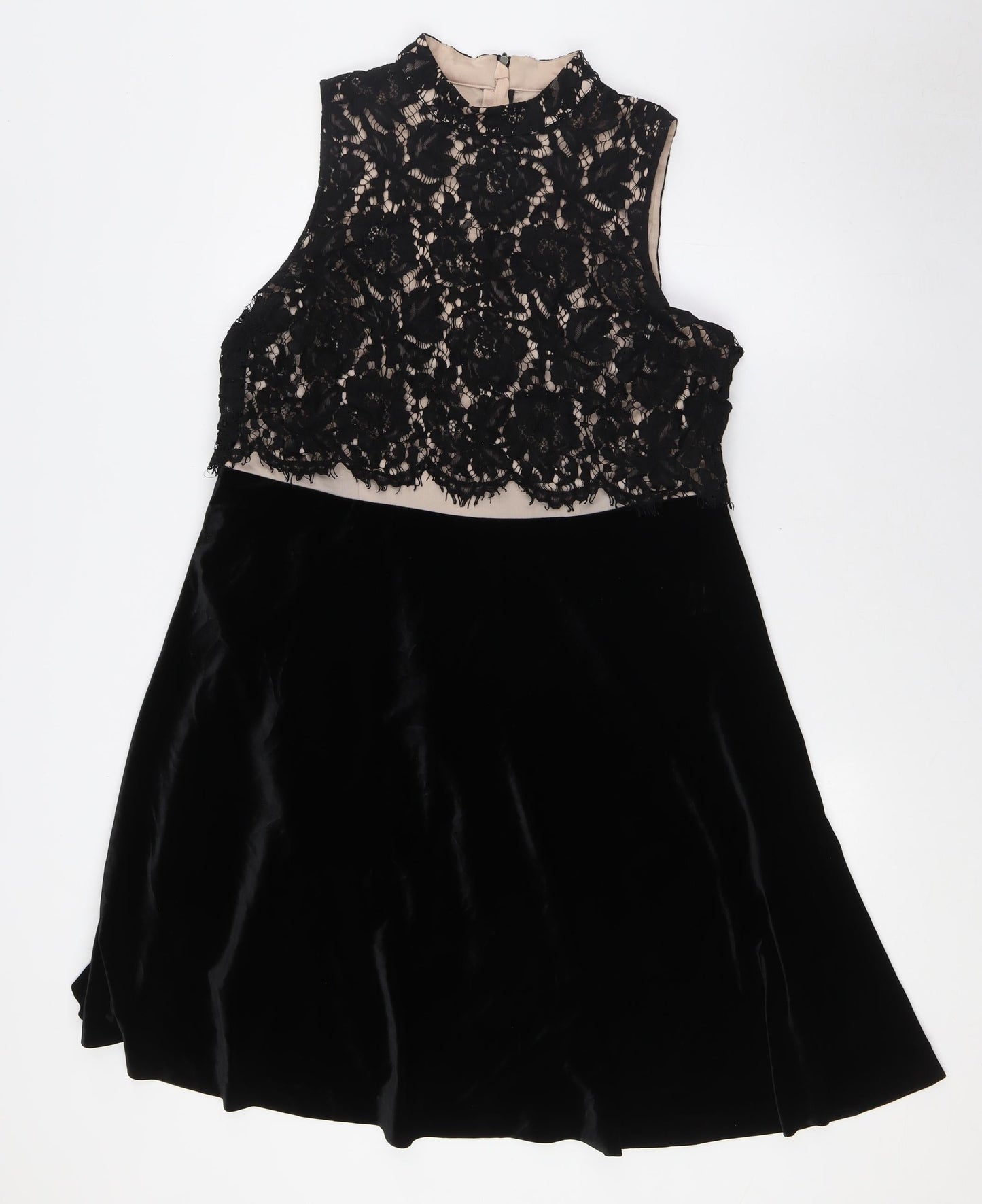NEXT Womens Black Polyester A-Line Size 16 Mock Neck Zip - Lace Overlay