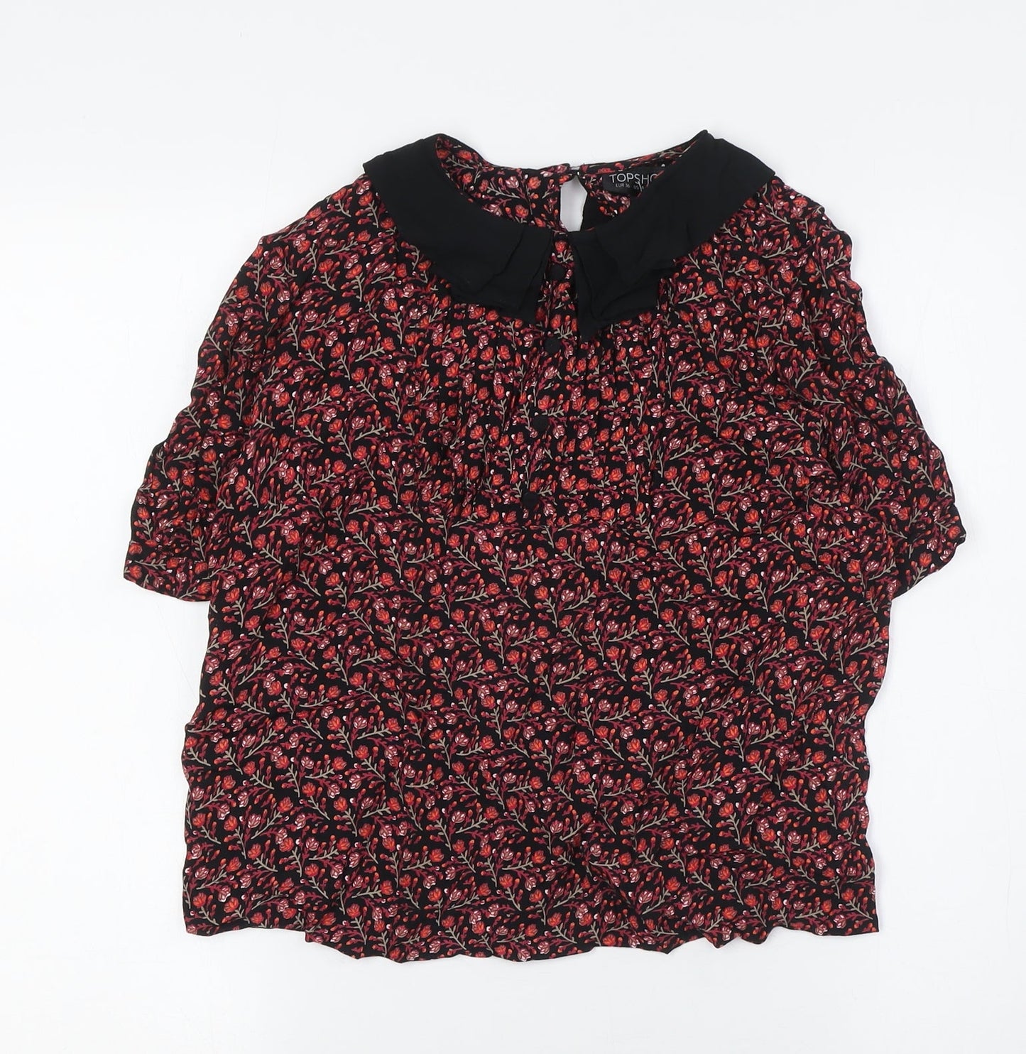 Topshop Womens Black Floral Viscose Basic Button-Up Size 8 Collared