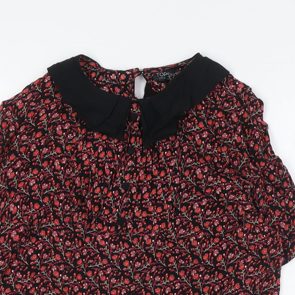 Topshop Womens Black Floral Viscose Basic Button-Up Size 8 Collared