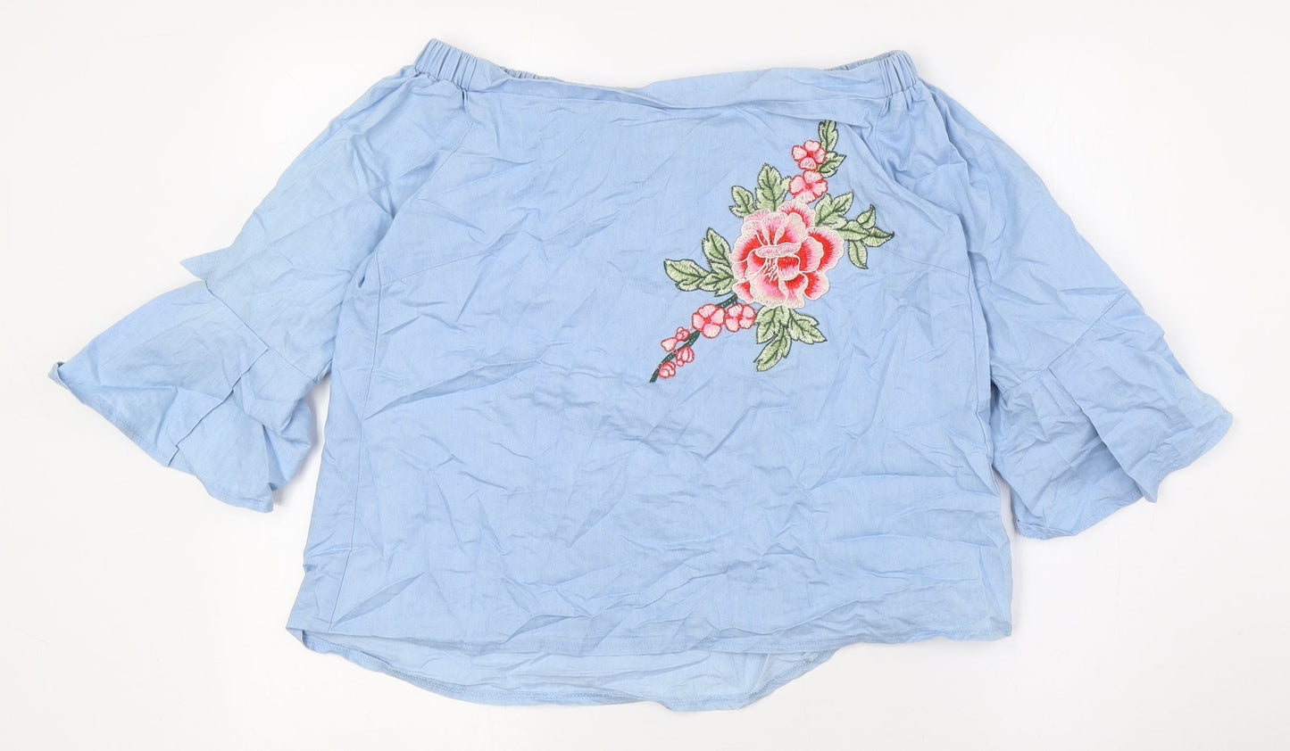 Stella Womens Blue Cotton Basic Button-Up Size 10 Off the Shoulder - Embroidery