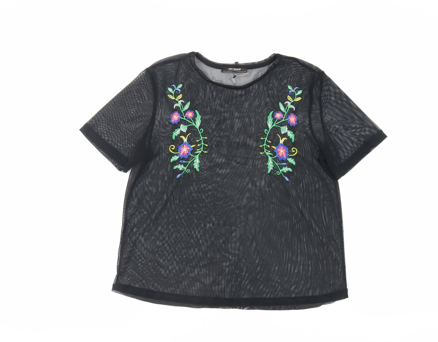 Zara Womens Black Polyester Basic T-Shirt Size S Crew Neck - Embroidered Sheer
