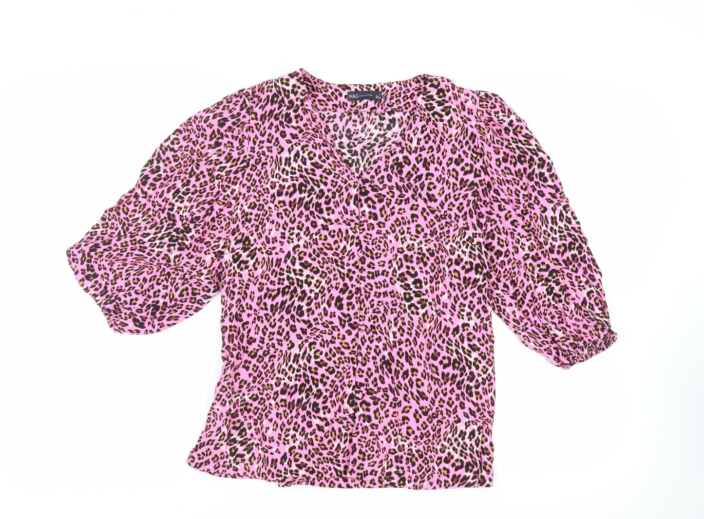 Marks and Spencer Womens Pink Animal Print Viscose Basic Button-Up Size 12 V-Neck