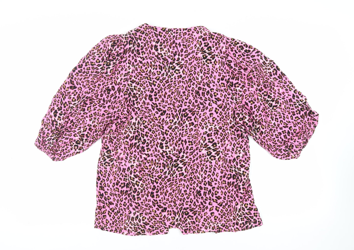 Marks and Spencer Womens Pink Animal Print Viscose Basic Button-Up Size 12 V-Neck