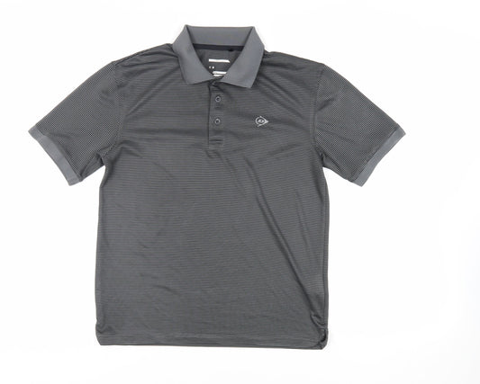 Dunlop Mens Grey Striped Polyester Polo Size S Collared Button