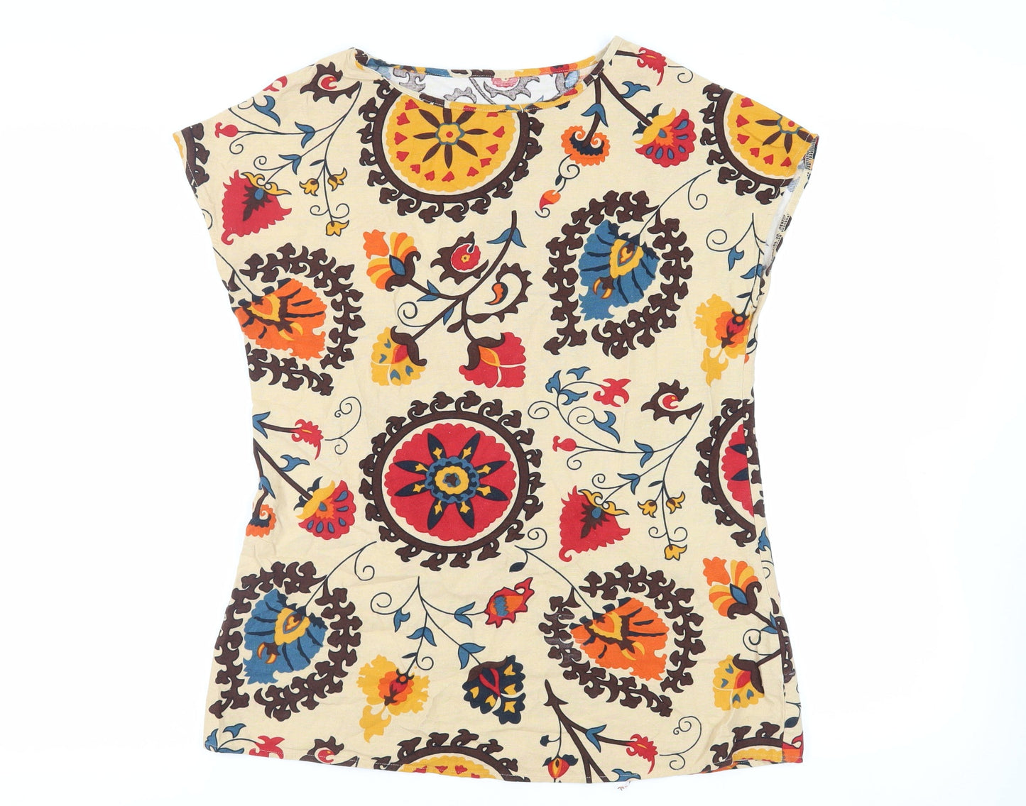 Emery Rose Womens Beige Paisley Cotton Basic Blouse Size L Boat Neck