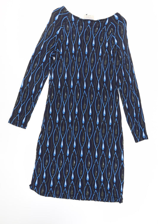 Allegra Womens Blue Geometric Viscose A-Line Size S Boat Neck Pullover