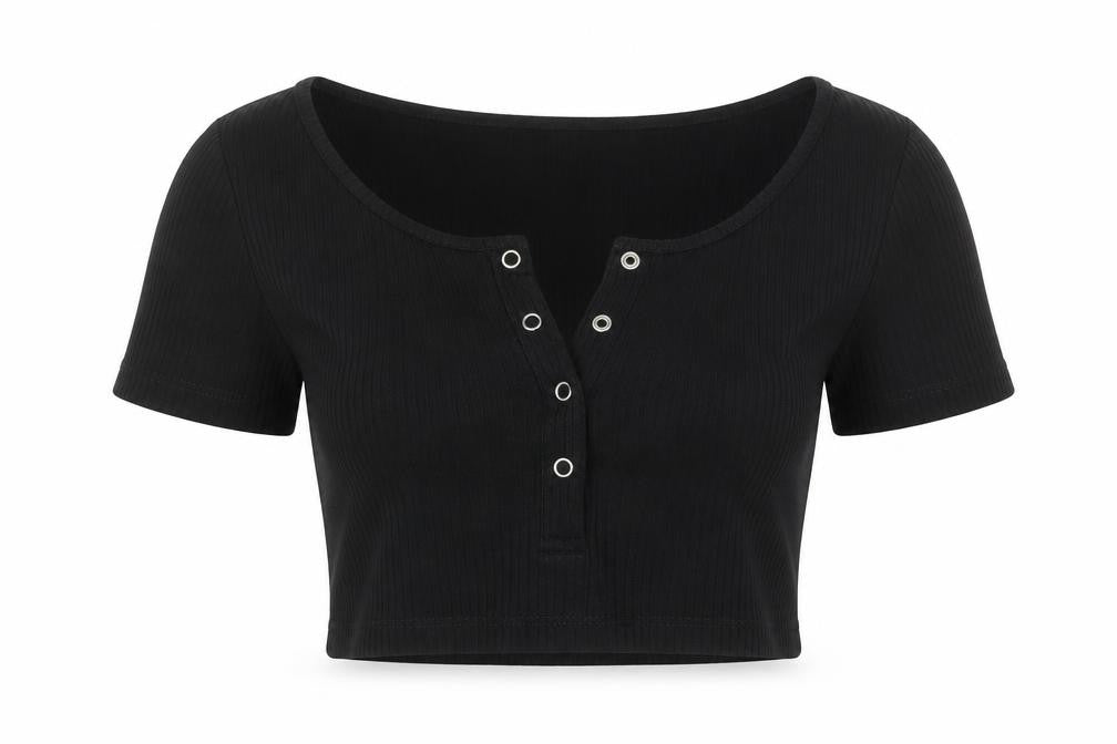 Front view of ASOS women’s black viscose cropped t-shirt, size UK 12, v-neck