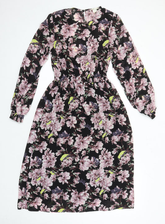 H&M Womens Multicoloured Floral Polyester A-Line Size 6 Round Neck