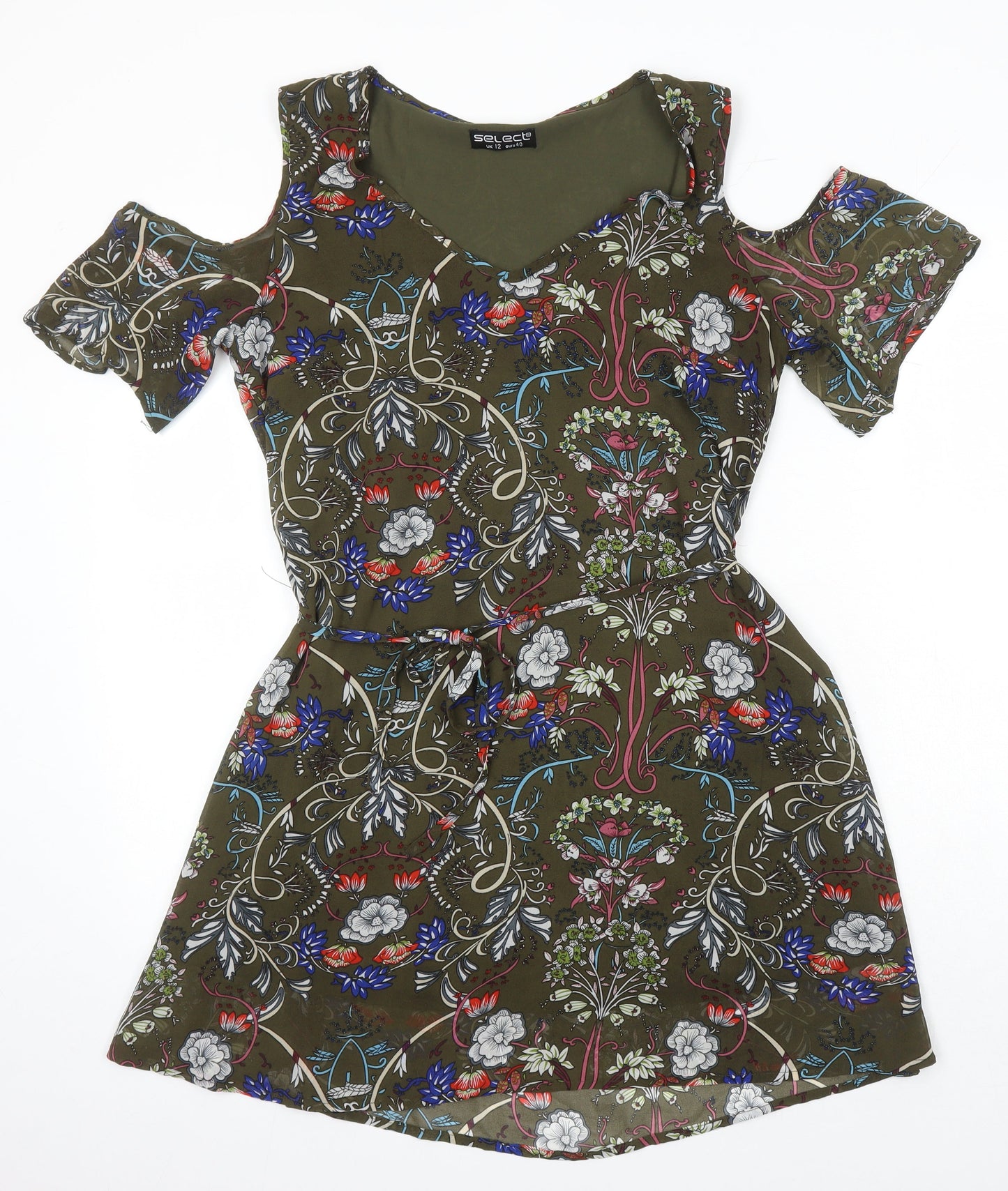 Select Womens Multicoloured Floral Polyester A-Line Size 12 Square Neck - Cold Shoulder
