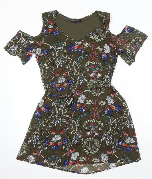 Select Womens Multicoloured Floral Polyester A-Line Size 12 Square Neck - Cold Shoulder