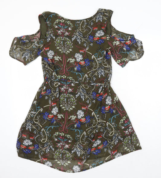 Select Womens Multicoloured Floral Polyester A-Line Size 12 Square Neck - Cold Shoulder