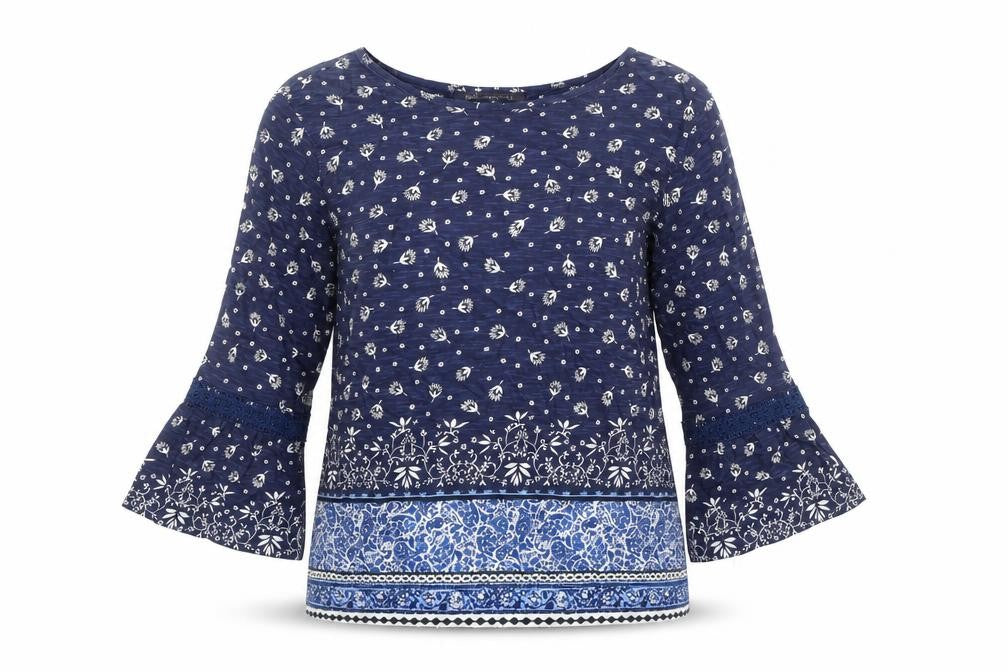 Marks & Spencer Womens Blue Geometric 100% Cotton Tunic Blouse Size 8 Boat Neck