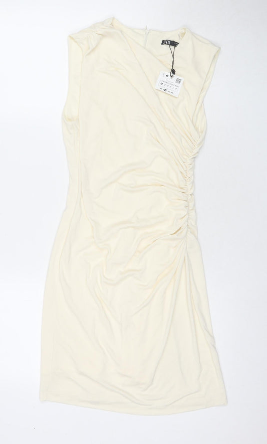 Zara Womens Ivory Polyester A-Line Size M Round Neck Zip