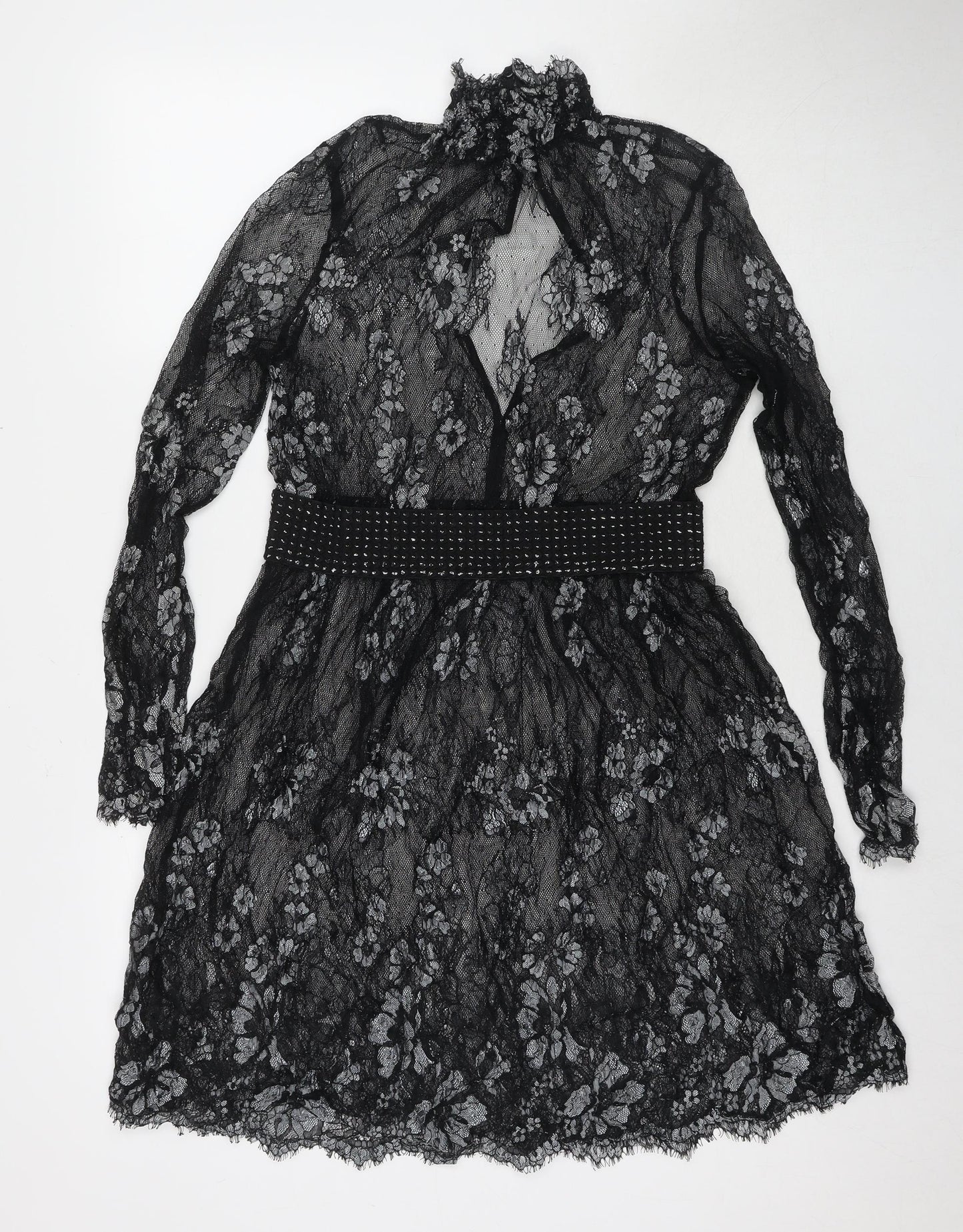 NEXT Womens Black Floral Nylon Fit & Flare Size 10 Round Neck Pullover