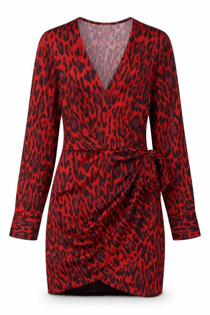 Zara Womens Red Animal Print Polyester Wrap Dress Size XS V-Neck Tie