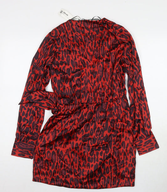 Zara Womens Red Animal Print Polyester Wrap Dress Size XS V-Neck Tie