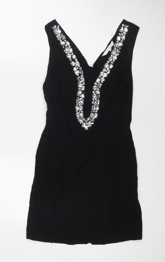 Julien Macdonald Womens Black Viscose Bodycon Size 14 V-Neck Zip - Jeweled Detail