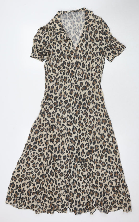 Mango Womens Beige Animal Print Viscose Maxi Size S Collared Button