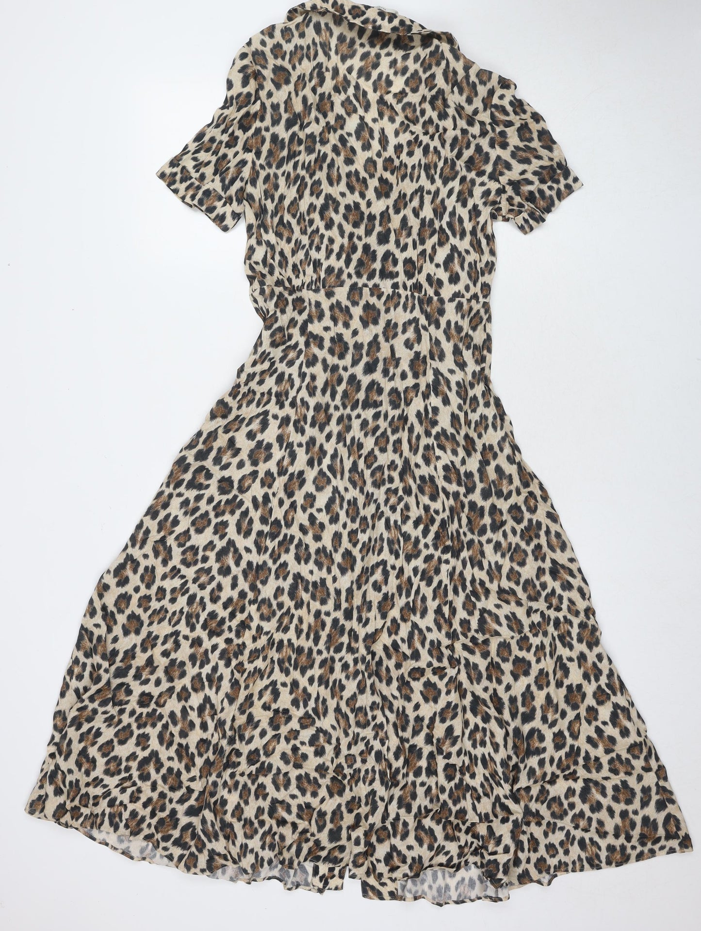 Mango Womens Beige Animal Print Viscose Maxi Size S Collared Button