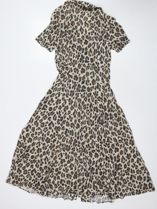 Mango Womens Beige Animal Print Viscose Maxi Size S Collared Button