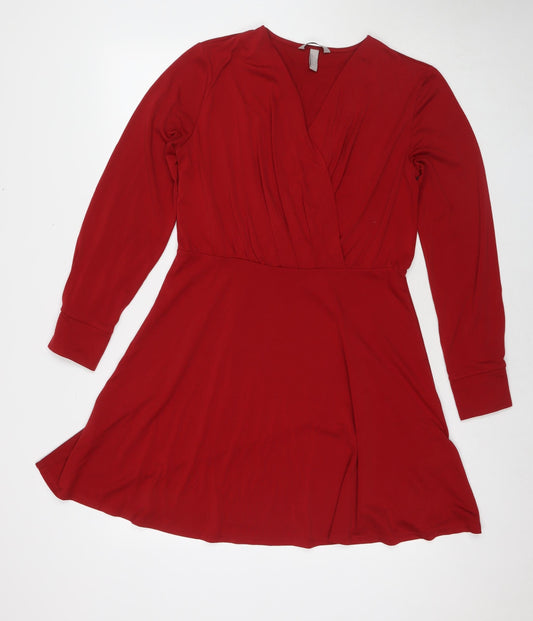 H&M Womens Red Polyester Fit & Flare Size M V-Neck Pullover
