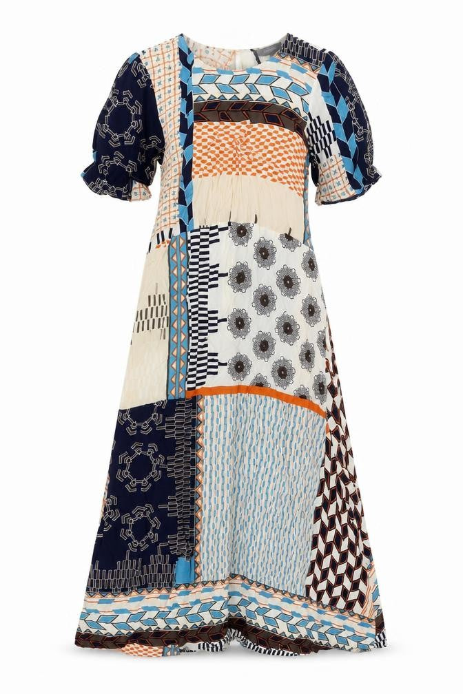 Front view of Principles women’s multicoloured geometric viscose maxi, size UK 8, round neck button